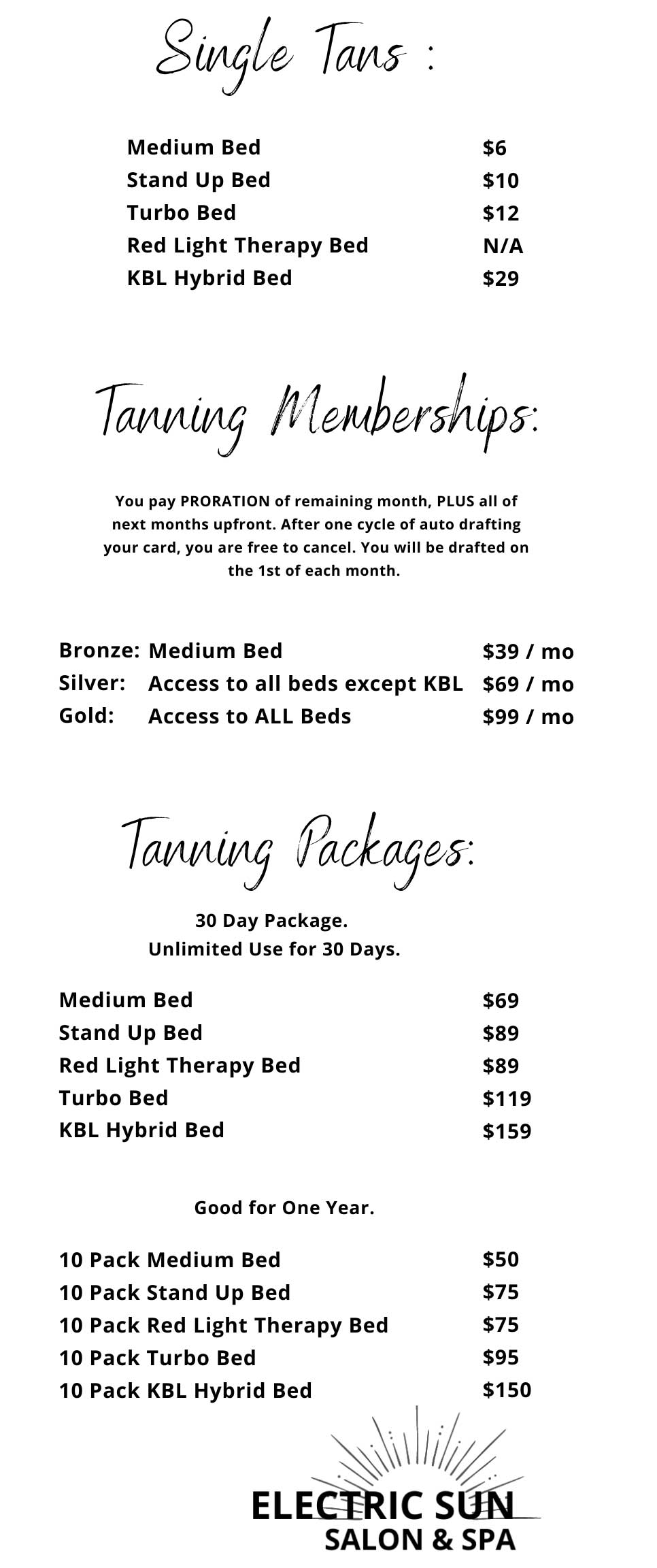 Tanning Package Pricing